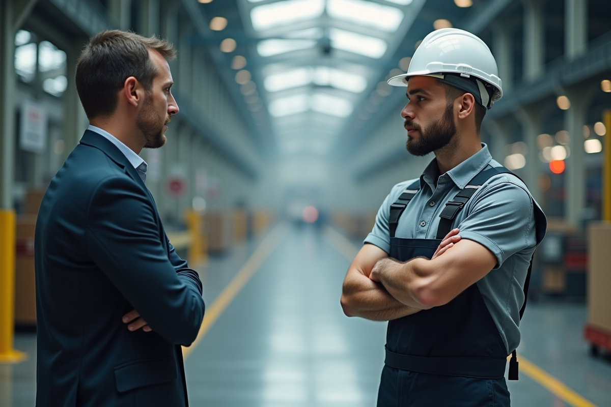 Ouvrier et superviseur en discussion sur le site industriel