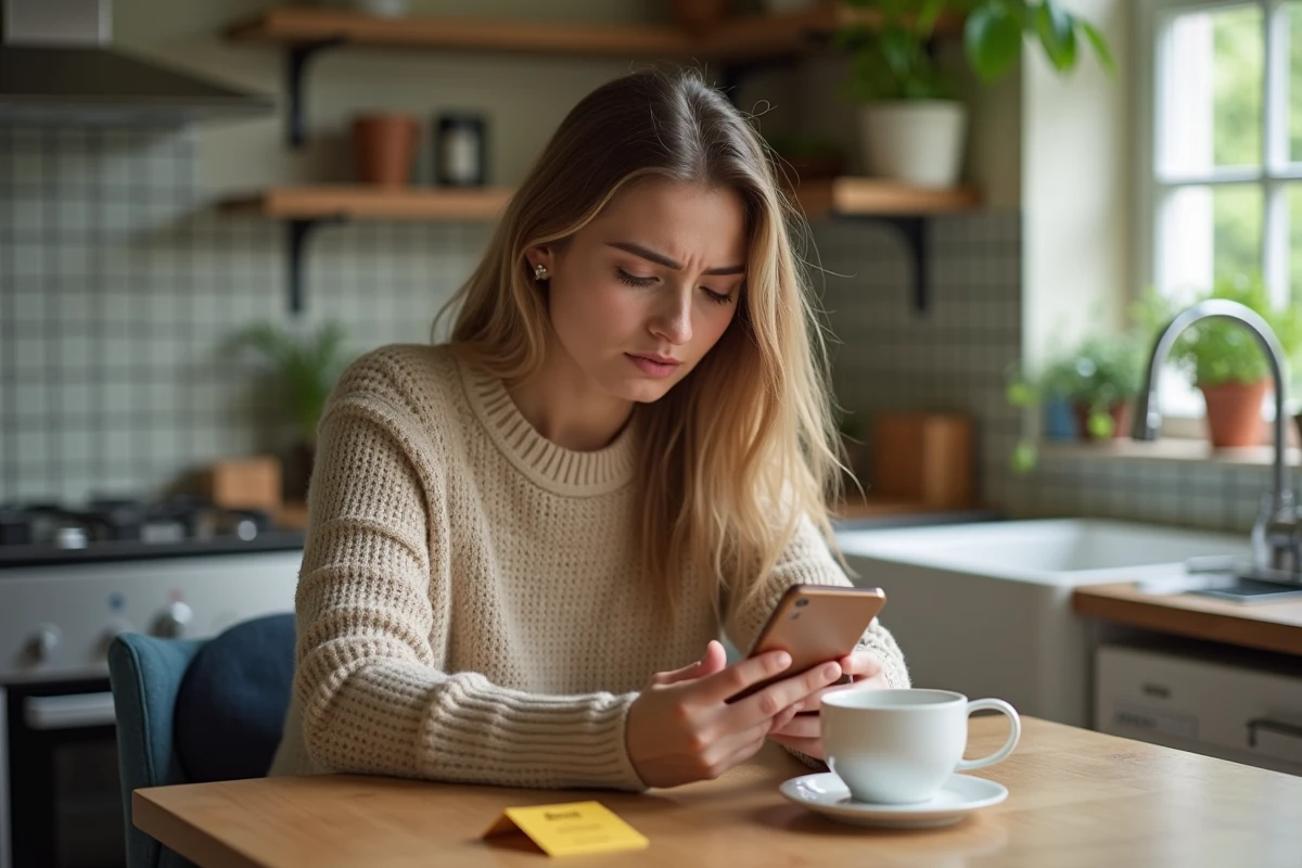 Femme consultant son téléphone avec une notification de retard de livraison Vinted posée sur une table en bois dans une cuisine