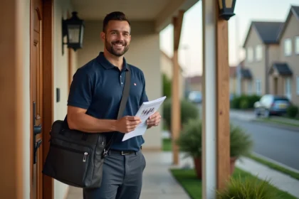 Vendeur porte à porte debout devant une maison résidentielle tenant un prospectus commercial