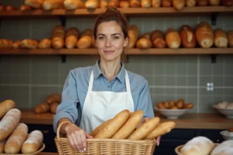Vendeuse en boulangerie arrangeant des baguettes derrière le comptoir d'une boulangerie traditionnelle française