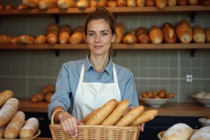 Vendeuse en boulangerie arrangeant des baguettes derrière le comptoir d'une boulangerie traditionnelle française