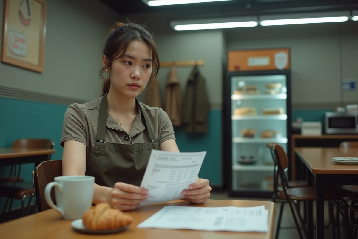 Vendeuse de boulangerie consultant sa fiche de paie dans la salle de pause d'un commerce de proximité
