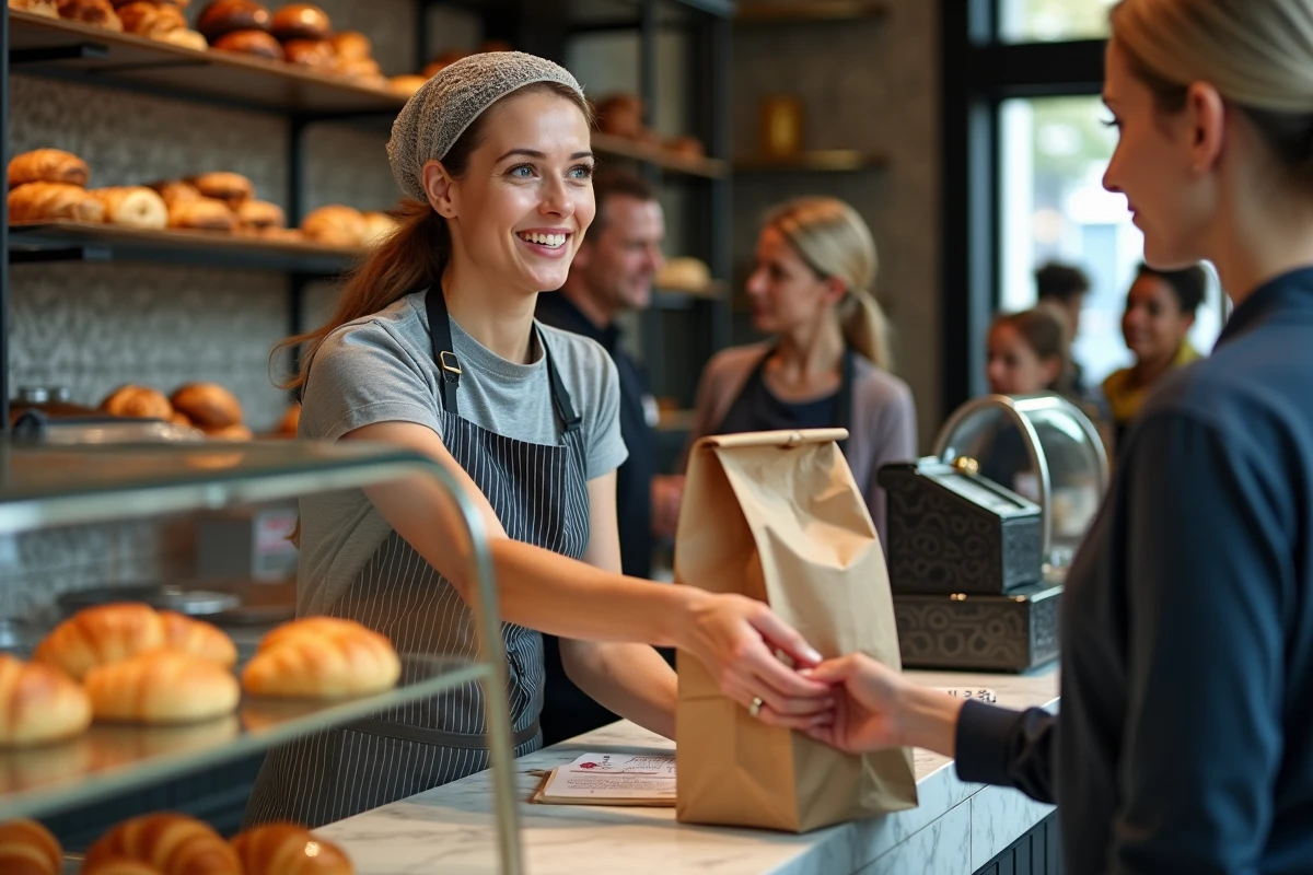 Vendeuse en boulangerie remettant un sachet à une cliente devant une vitrine de viennoiseries