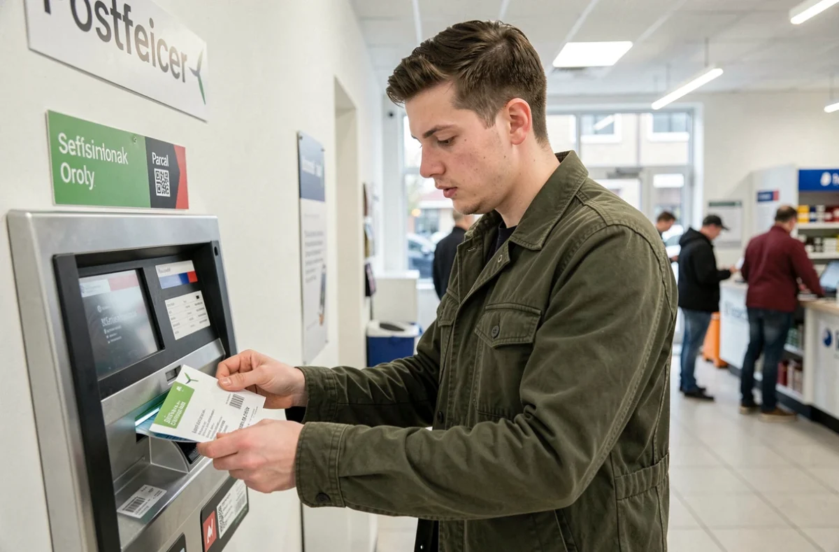 Homme vérifiant l'étiquette d'adresse de son colis avant dépôt à un point relais pour éviter un retour de livraison