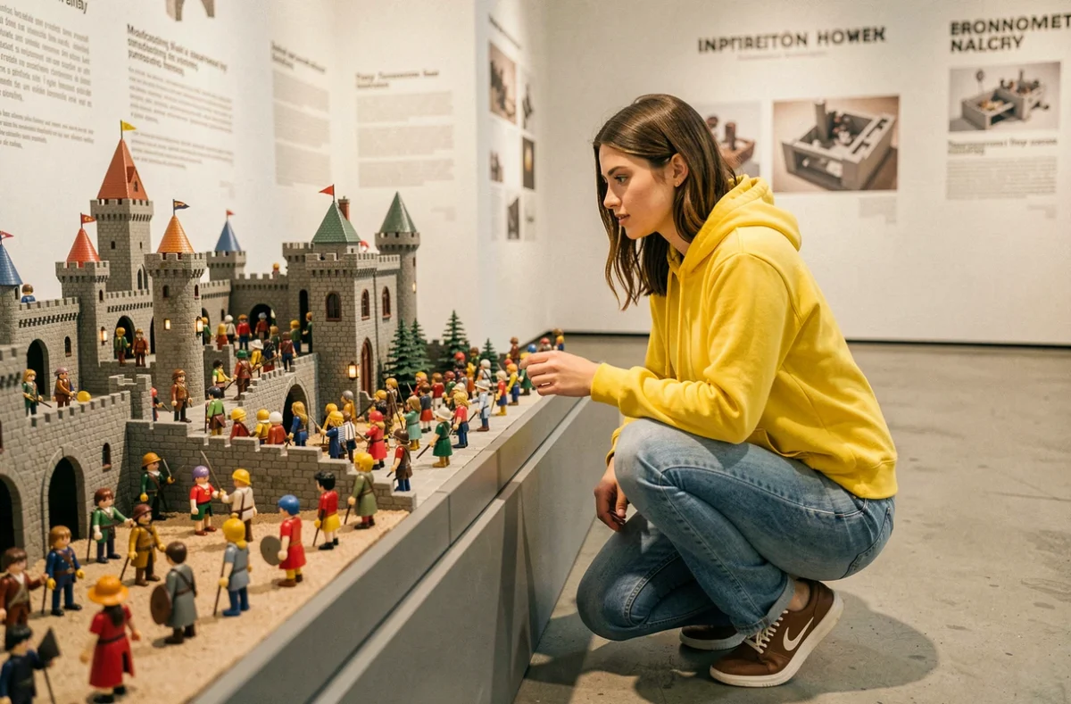 Jeune femme admirant un diorama Playmobil exposé dans une salle d'exposition d'usine lors d'une visite thématique