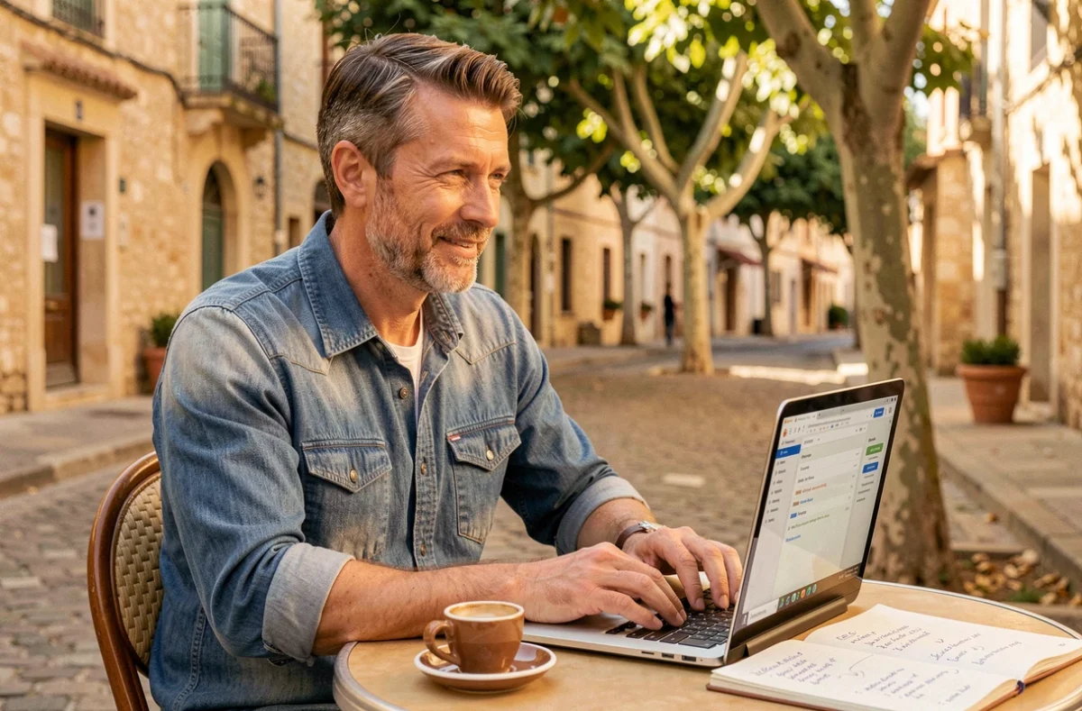 Consultant SEO et SEA indépendant Yannick Ansquer travaillant en terrasse dans une ville du Var